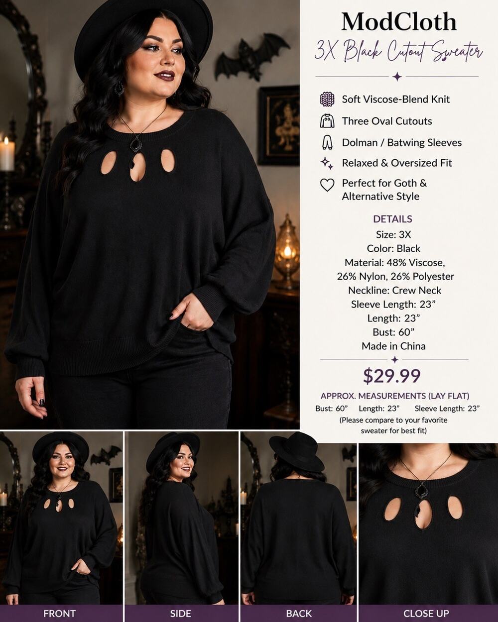 ModCloth Women’s 3X Black Cutout Sweater Oversized Batwing Dolman Goth Knit